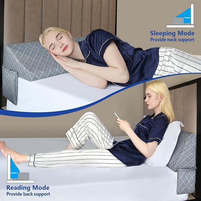Kayfia King Size Pillow Wedge for Headboard Gap Bed Gap Filller (0-8") Mattress Space Filler Pillow Stopper with 2 Side Pocket Triangle Foam Pillow Wedge Between Headboard Mattress (Grey, 76"x10"x6")
