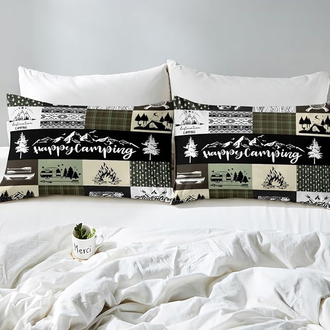 Camper Adventure Duvet Cover Queen Size,Happy Camping Plaid Travel Trailers Decor Duvet Cover Set for Children Adult,Retro Tribal Aztec Exotic Soft Comforter Cover for Bedroom, Zipper, Ties