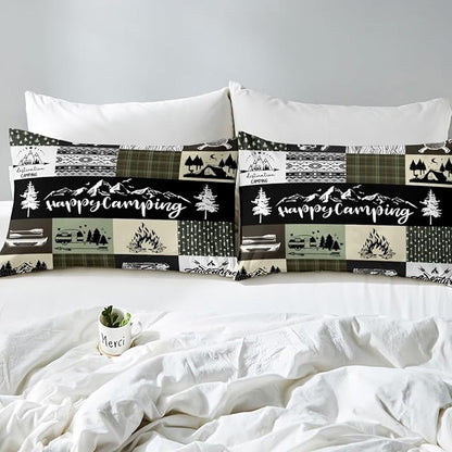 Camping Camper Bedding Set Twin Size,RV Inside Decor Rustic Patchwork Comforter Cover Set for Kids Girls,Farmhouse Lodge Hunting Green Check Bedding Quilt Cover Set Bedroom Decor, 2 Pcs