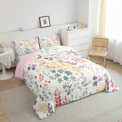 Erosebridal Colorful Floral King Comforter Set for Kids Girls Women,Cute Rainbow Flower Bedding Set Boho Bedroom Decor,Watercolor Wildflower Quilt Bed Set Rustic Flowers Bed Comforter Set 3Pcs