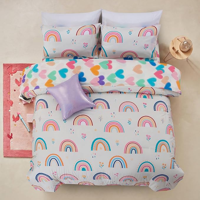 A Nice Night Rainbow Kids Comforter Set for Girls, Twin Size 6 Piece Bed in a Bag Soft Polyester Bedding Set with Floral, Grass & Rainbows Design