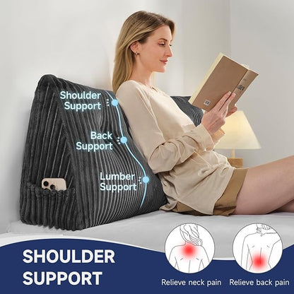 Z-hom Queen Headboard Pillow, Triangular Wedge Reading Pillow for Bed or Sofa, Ergonomic Backrest Cushion for Sitting Up, Reading or Relaxing, with Side Pocket，Removable Washable Cover,Grey