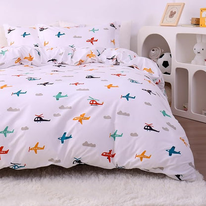 JSD Airplane Kids Duvet Cover Set Full Size, 3 Piece Soft Printed Microfiber Comforter Cover with Pillow Sham Zipper Closure, Comforter Not Included