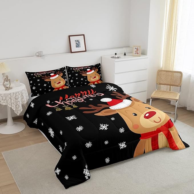 Cartoon Deer Reindeer Comforter Set Twin,Merry Christmas Bedding Set for Kids Boys Girls,Xmas Snowflake Duvet Insert Bedroom Decor,Happy New Year Gift Down Comforter with 1 Pillowcase Soft