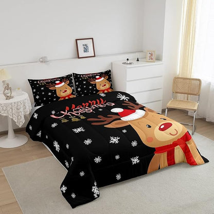 Cartoon Deer Reindeer Comforter Set Twin,Merry Christmas Bedding Set for Kids Boys Girls,Xmas Snowflake Duvet Insert Bedroom Decor,Happy New Year Gift Down Comforter with 1 Pillowcase Soft