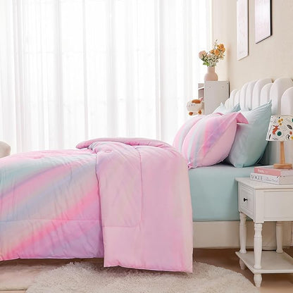 Wajade Girls Pink Comforter Set Bed in A Bag Twin Size 7 Piece 3D Colorful Tie Dye Pink Rainbow Bedding Set for Teens Girls (1 Comforter, 1 Flat Sheet, 1 Fitted Sheet, 2 Pillowcase and 2 Pillow Sham)