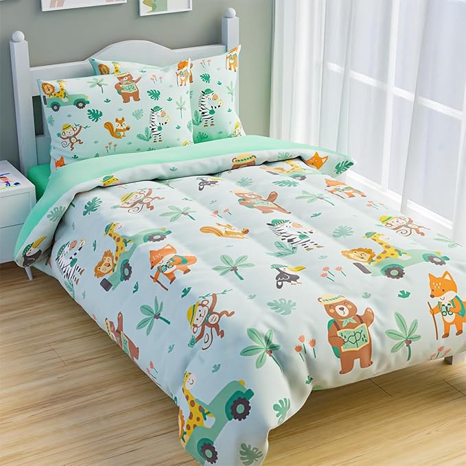 SANDJEST Jungle Animal Comforter Set Twin Size 68x86in for Kids Boys, Microfiber 3 Pcs Bedding Set Includes 1 Comforter, 1 Pillowcase, 1 Fitted Sheet, Nursery Room Decor