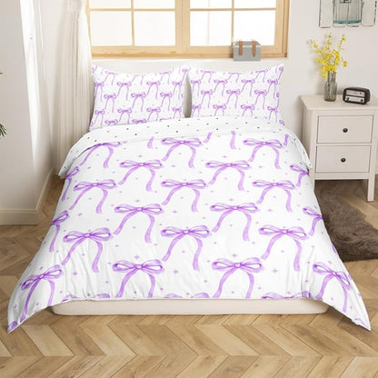 Cartoon Bowknot Girls Duvet Cover Set Full Size Kids Bow Tie Princess Bedding Sets 3Pcs for Child Girly Woman Room Decor, Butterfly Knot Comforter Cover with 2 Pillowcases (No Comforter) Purple