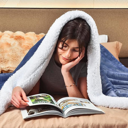 KAWAHOME Sherpa Fleece King Size Blanket for Bed - Extra Warm and Heavy Thick Blankets for Winter, Super Soft 500GSM Plush Blanket, 108" X 90" Washed Blue
