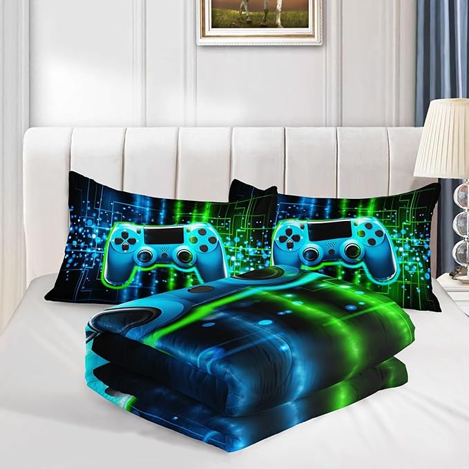 Green Gamepad Comforter Set 3D Gamepad Printed Bedding Set with 1 Comforter and 2 Pillowcases for Boys and Girls Bedroom All Season(Gamepad Twin)