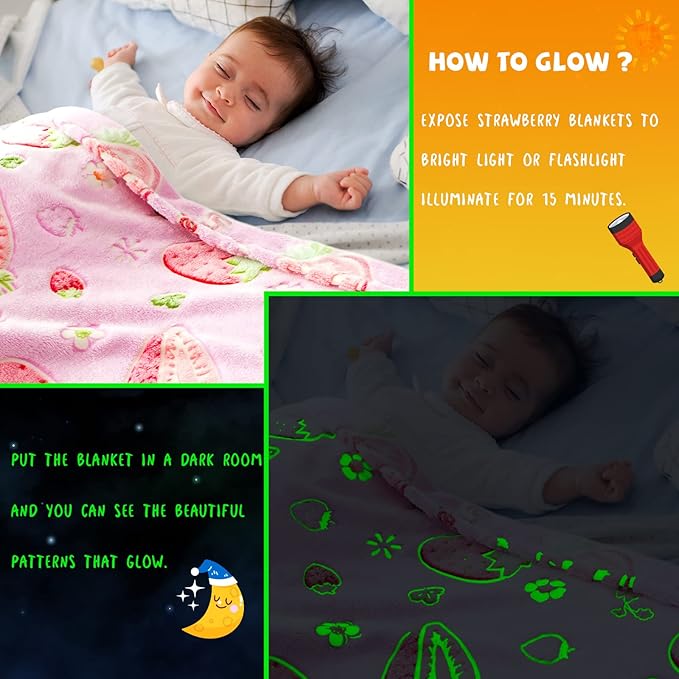 REXEO Flannel Throw Blanket, 50 x 60in, Glow in The Dark, Fluorescent Strawberry, Lightweight, Fiber Plush, for Girls Kids, Birthday Christmas Gifts