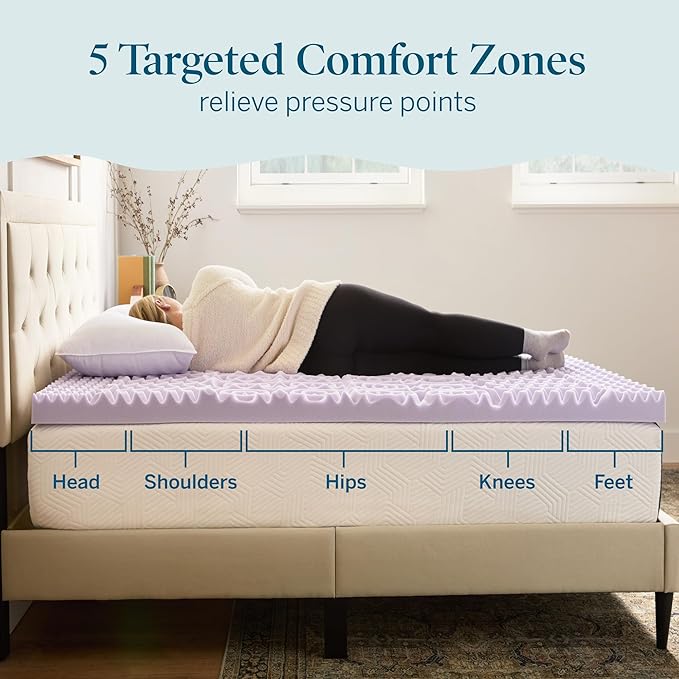LUCID Lavender Infused 3 Inch Memory Foam Mattress Topper with 5 Zones – Full Size – Plush Feel – CertiPUR Certified – Dorm Room Essentials