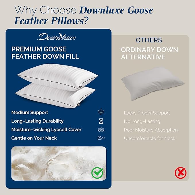 downluxe Goose Feather and Down Pillows - Hotel Collection Feather Pillows for Back, Stomach or Side Sleepers, Bed Pillows King Size Set of 2 (20"x36")