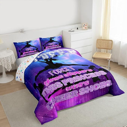 Cheerleading Bedding Set Queen,Girls Dance Gymnastics Lovers Comforter Set for Kids Teens Woman Room Decor,Purple Glitter Watercolor Quilt Set Gymnast Sports Duvet Insert 3pcs,2 Pillowcases