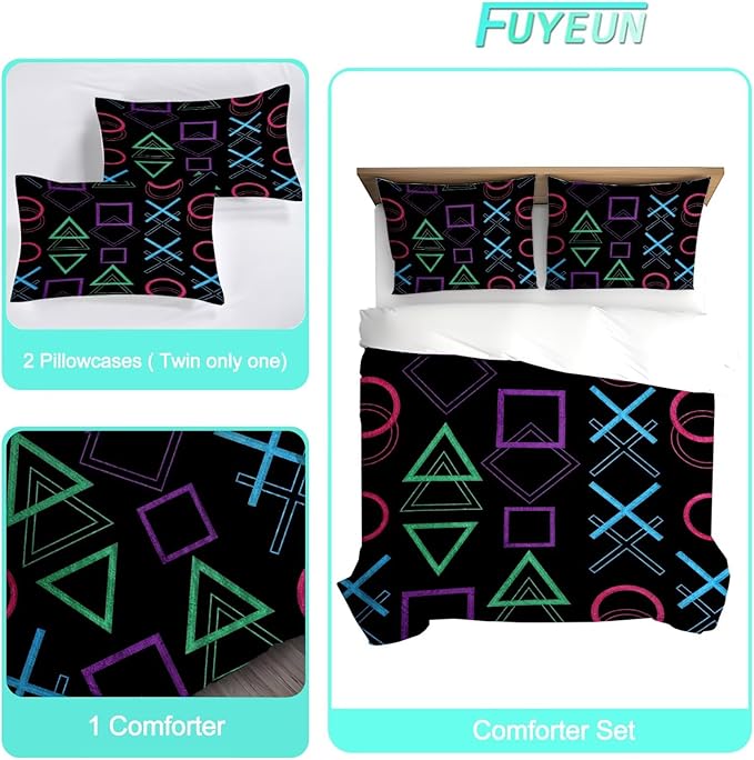 Game Comforter Set Full/Queen Size Geometric Bedding for Kids Boys Men Black Abstract Bedroom Decor Quilt Bed Sets, 1 Comforter 2 Pillowcases