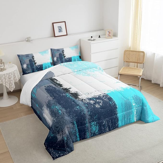 Abstract Comforter Modern Abstract Art Comforter Set for Boys Girls Children Teal Blue Grey Pattern Bedding Set Room Decor Toddler Size Duvet Set 2Pcs