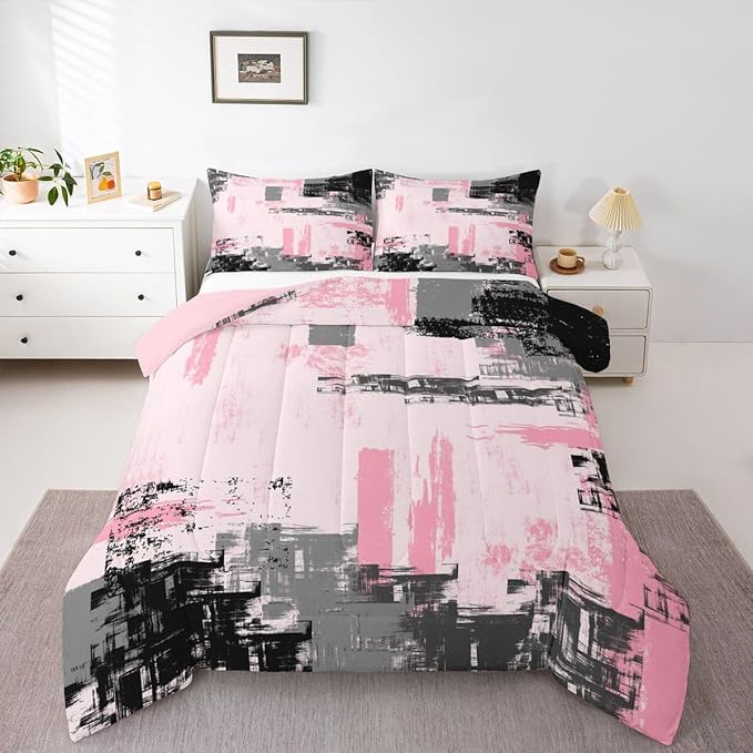 Feelyou Abstract Bedding Set Kids Modern Abstract Art Comforter Set Pink Black Comforter for Boys Room Decor Lightweight Retro Duvet Set King Size with 2 Pillow Case
