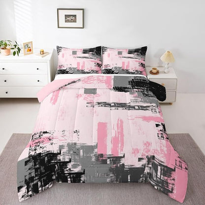 Feelyou Abstract Bedding Set Kids Modern Abstract Art Comforter Set Pink Black Comforter for Boys Room Decor Lightweight Retro Duvet Set Queen Size with 2 Pillow Case