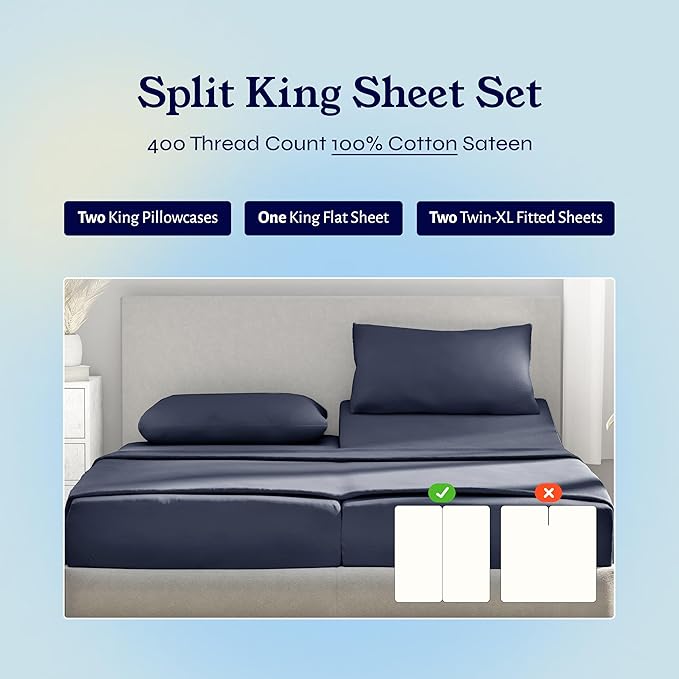 California Design Den Split King Sheets Sets for Adjustable Bed - Soft 400 Thread Count Sateen, Natural 100% Cotton Sheets, Deep Pockets, Breathable, and Durable Bedding - Indigo Dusty Blue