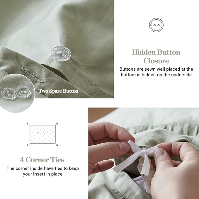 Simple&Opulence Kids 100% Organic Cotton Queen Duvet Cover Ruffle 3Pcs(1 Comforter Cover 2 Pillowcases) Cute Lace Vintage Boho Shabby Chic Farmhouse Bedding Set Teen Girls(Sage Green, Queen)
