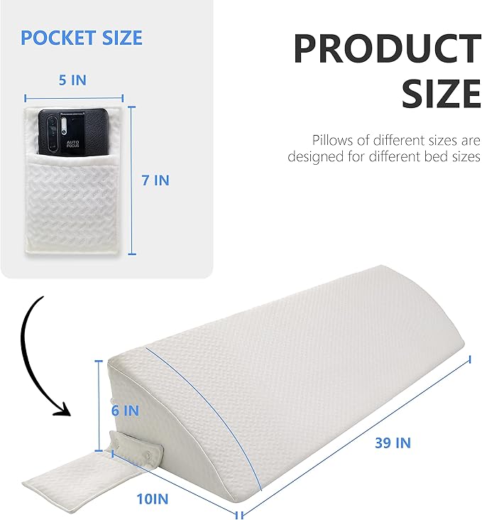 Bed Wedge Pillow for Headboard Gap Bed Mattress Gap Filler (0-8") Between Headboard/Wall and Mattress White Twin Size Foam Support Triangle Bloster Pillow Stoppers with 2 Pockets