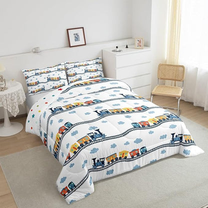 Erosebridal Cartoon Train Bedding Set Full for Boys Cute Truck Comforter Set Car Themed Bedding Sets & Collections Kawaii Steam Engine Duvet Insert Blue Clouds Print Quilted Comforter for Kids Bedroom
