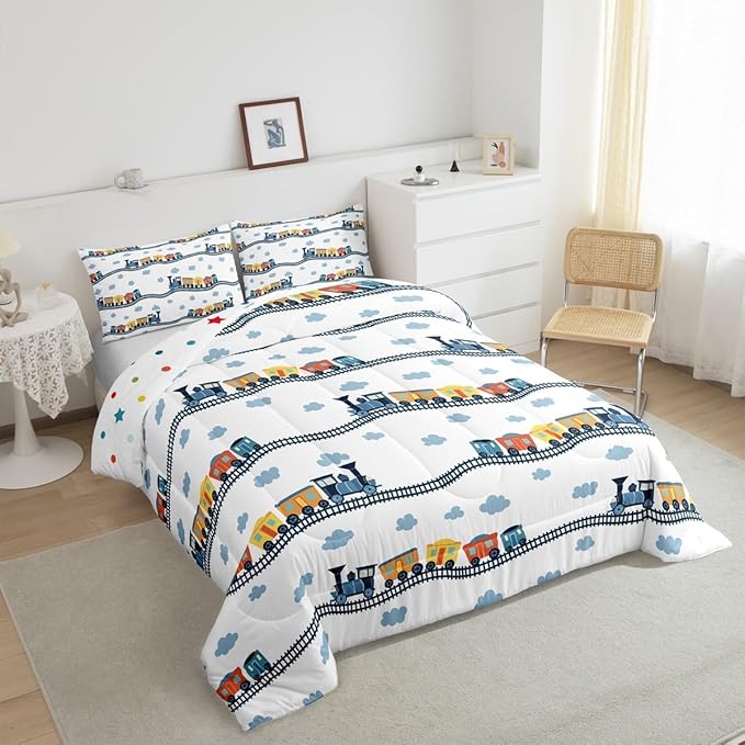 Erosebridal Cute Steam Engine Comforter Set Queen for Kids Toddlers Kawaii Train Bedding Set Construction Vehicles Bedding Comforters & Sets Cartoon Railway Down Comforter Boys Car Theme Bed Set 3pcs