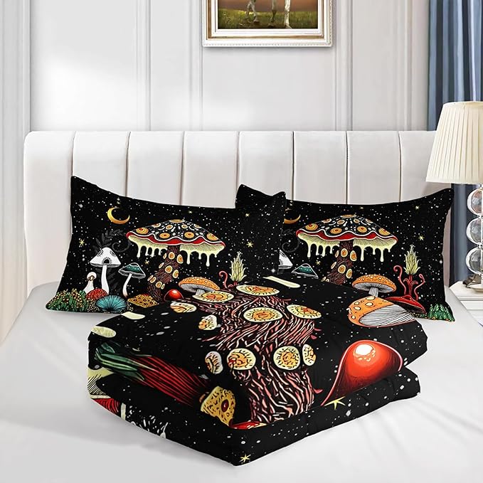 Kids Cute Mushroom Comforter 3Pcs Twin Natural Wild Botanical Fungus Bedding Set for Kid Teen Girl Boy Adult Plants Floral Moon Night Star Quilt Bed Decor with 1 Comforter and 2 Pillowcases
