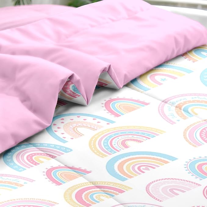 Comforter Set Full Size, Cute Cartoon Rainbow 7 Pcs Bedding for Kids and Adults, Pink Boho Nursery Bed Sheet Sets with Fitted Sheet 2 Pillowcases & 2 Shams for Bedroom Bed Decor