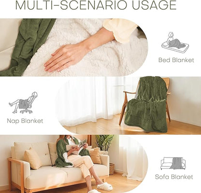 Electric Heated Blanket Throw Size 50"x60" - Flannel & Sherpa Fabric Dual-Sided, 6 Heat Settings & 1-3 Hours Auto Off, Soft & Cozy Warming Throw for Home, Office, or Bed, Machine Washable, Olive Green