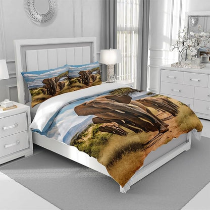 Elephant Duvet Cover Set African Wild Animal Elephant Population Wild Natural Scenery Print Bedding Quilt Set for Kids Boys Girls Teens Living Room Decorative,Queen