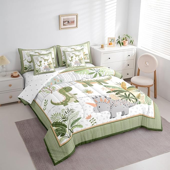 Feelyou Kids Cute Dinosaur 7 Piece Bedding Set King Size Cartoon Dinosaur Comforter Set with Sheets for Boys Girls Teens Green Grey Bed in a Bag Coconut Plant Bed Set