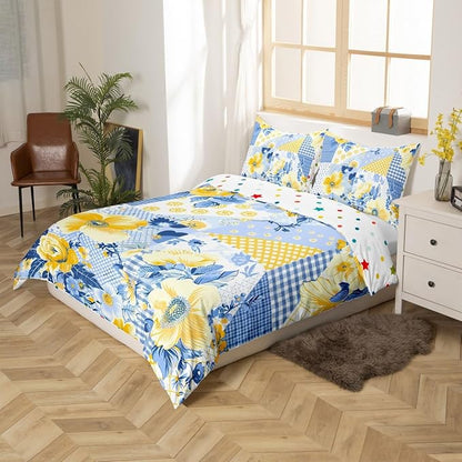 Castle Fairy Retro Flowers Bedding Set King Size for Woman Men,Yellow Blue Floral Botanical Comforter Cover with 2 Pillowcases,Plaid Dots Paisley Geometric Duvet Cover Set Microfiber Quilt Cover