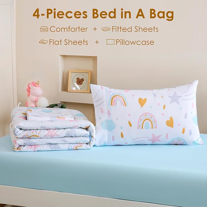 Toddler Comforter Set for Kids, Boys, Girls, 4 Pieces Bed-in-a-Bag Bedding Set, All Season Ultra Soft Sheets Set with Comforter, Rainbow Sky