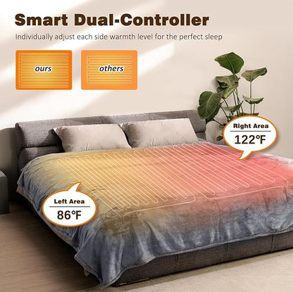 Electric Blanket King with Dual Control-100 x90 Soft Flannel Heating Blanket, 9 Heat Levels & 10 Hours Auto Off Heated Blanket, Fast Heating Electric Throw, Machine Washable- Grey