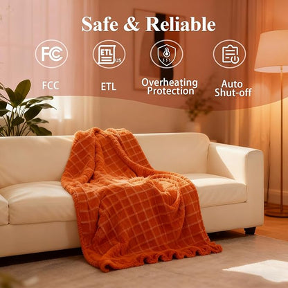 Heated Blanket Electric Heating Blanket Waffle with 12 Heat Levels, Fast Heating Blanket with 1-12 Timer, Overheat Protection with ETL & FCC for Bed Home Office Sofa -Orange -Single(50"x60")