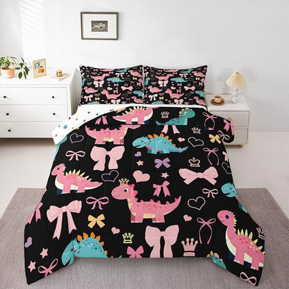 Cute Dino Kids Comforter Set Queen Size,Kawaii Bowknot Heart Princess Style Reversible Bedding Set for Adult,Pink Black Dinosaur Cartoon Animal Luxury Bed Duvet Insert,2 Pillowcases