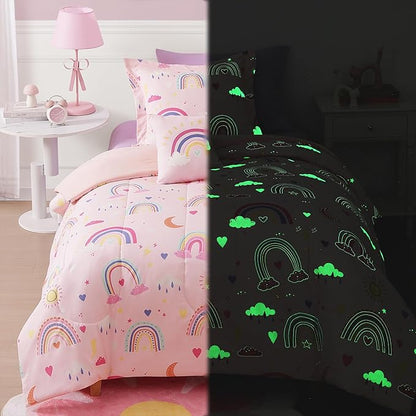Glow in The Dark Kids Comforter Set Full Size for Girls, Pink Rainbow Bedding Set 1 Comforter, 1 Decor Pillow, 2 Pillow Shams