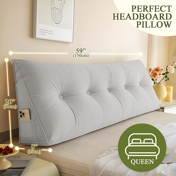 Headboard Pillow Queen, Large Triangular Wedge Headboard Pillow for Reading and Resting, Backrest Positioning Support Pillow with Removable Cover (Light Grey)
