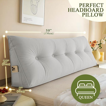 Headboard Pillow Queen, Large Triangular Wedge Headboard Pillow for Reading and Resting, Backrest Positioning Support Pillow with Removable Cover (Light Grey)