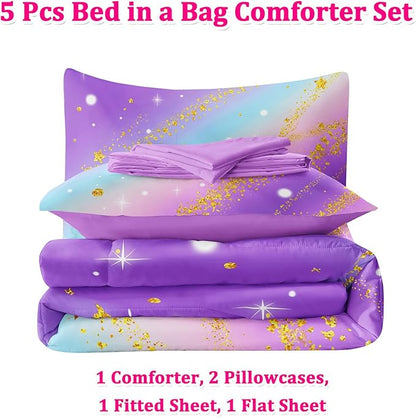 5 Pcs Full Bedding Sets for Girls, Purple Glitter Rainbow Bed in A Bag Full Size Bed Set, Stars Galaxy Bedding Comforter Set for Girls