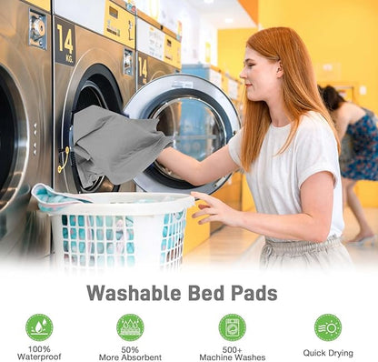 Bed Pads Washable Waterproof for Incontinence Adults, Reusable Wetting Pad Mattress Protector Underpads Tuckable Quick Dry, Fits King Size Bed, 36" x 76", Gray