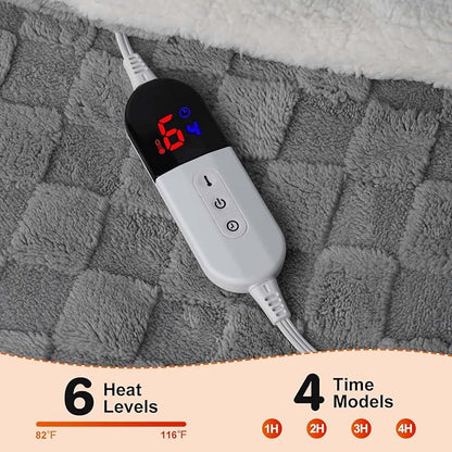 Electric Blanket Throw - Soft Checked Flannel with 6 Heating Levels, 4 Hours Auto-Off, Fast Heating, ETL & FCC Certified, 50"x60", Overheating Protection, Cozy Heated Blanket Throw（Gray）