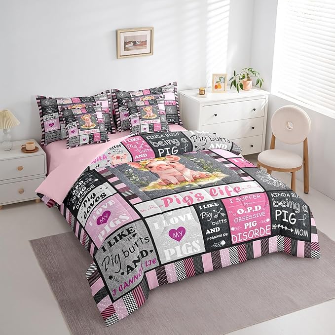 Feelyou Black Pink Pig Comforter Set with Sheets Queen Size Kids Cartoon Cute Pig 7 Piece Bedding Set Geometric Bed in a Bag for Women Men for Pig Lovers Bed Set
