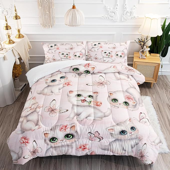 Kids Bedding Queen Cartoon Cat Comforter 3 Pieces Pink White Cat Butterflies Comforter Set for Teens Kids Boys Girls Adults Kawaii Flower Quilt with 1 Comforter and 2 Pillowcases