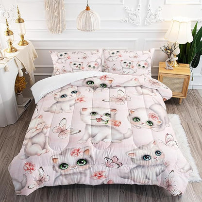 Kids Bedding Full Cartoon Cat Comforter 3 Pieces Pink White Cat Butterflies Comforter Set for Teens Kids Boys Girls Adults Kawaii Flower Quilt with 1 Comforter and 2 Pillowcases