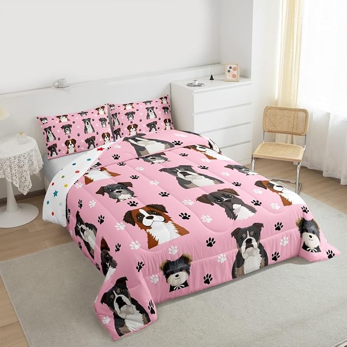 Castle Fairy Cute Dogs Bedding Sets Toddler Size 2 Pcs,Cartoon Watercolor Puppy Animals Comforter Set for Kids Girls Teen,Black White Paw Print Quilted Comforter with 1 Pillowcase