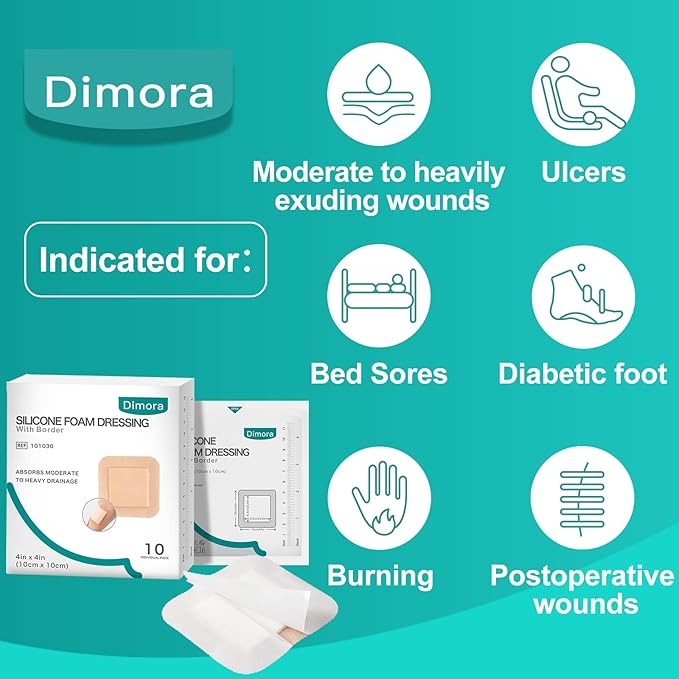 Dimora Silicone Foam Dressing with Border Adhesive 4"x4" Wound Dressing First Aid Bandage for Wound Care 10 Pack