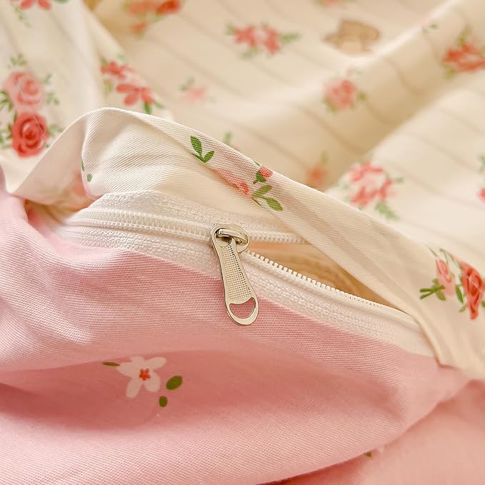 AOJIM Aesthetic Striped Duvet Cover Set with Floral and Rabbit Pattern, 1 Cotton Comforter Cover and 2 Pillowcases, Soft Durable Kids Duvet Cover Twin Size, Pink Bedding for Room Decor, No Comforter