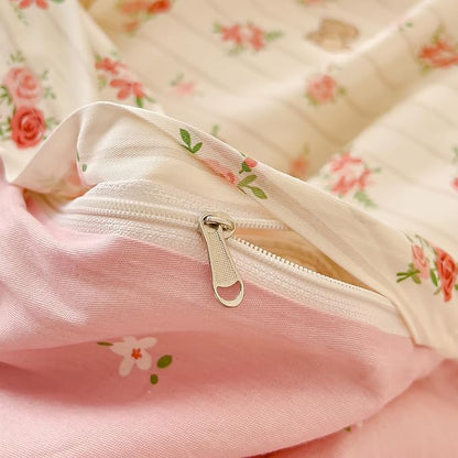 AOJIM Aesthetic Striped Duvet Cover Set with Floral and Rabbit Pattern, 1 Cotton Comforter Cover and 2 Pillowcases, Soft Durable Kids Duvet Cover Twin Size, Pink Bedding for Room Decor, No Comforter